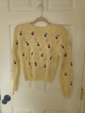 Zara Yellow Eyelet Knit Sweater with Multicolor Floral Embroidery